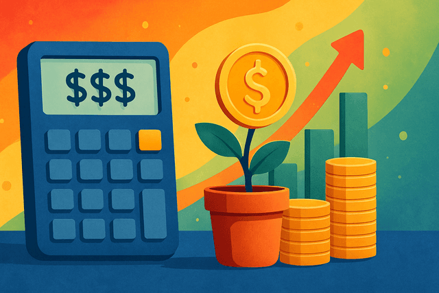 Illustration representing a Compound Interest Calculator, featuring a large calculator, a money plant in a pot, stacked coins, and a rising graph to symbolize financial growth.