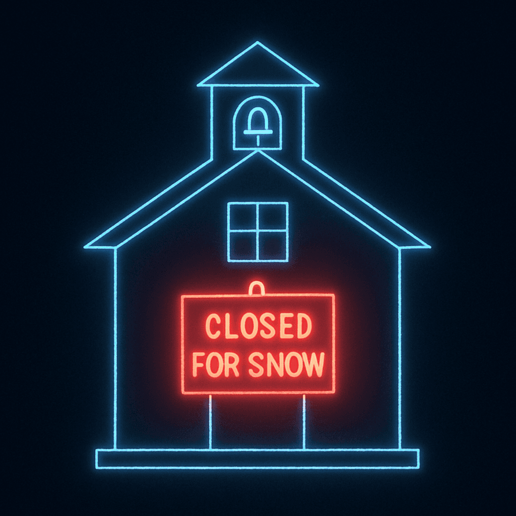 Snow Day Calculator - Neon illustration of school building with red closed for snow sign representing weather-based school closure predictions