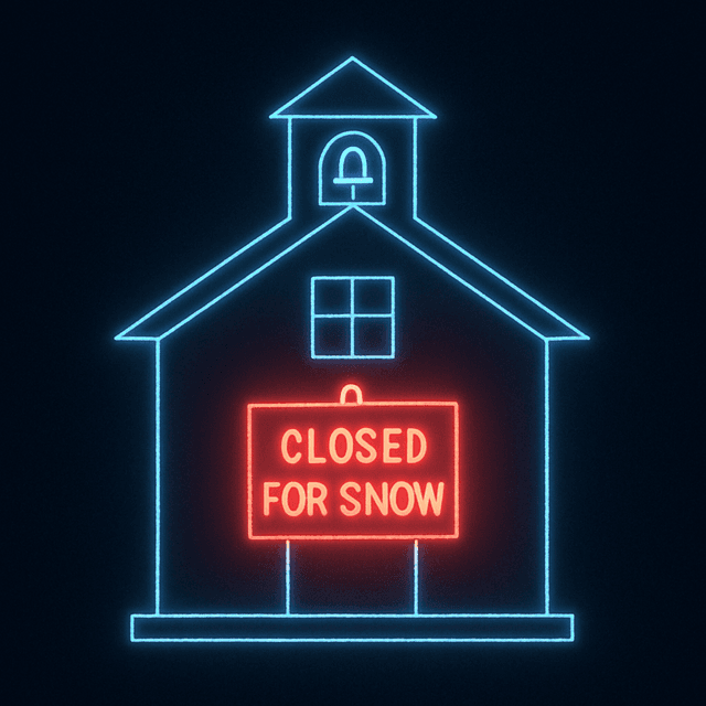 Snow Day Calculator - Neon illustration of school building with red closed for snow sign representing weather-based school closure predictions